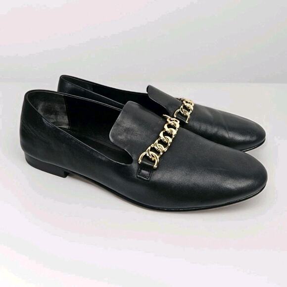 Via Spiga Women’s Leather Loafers Yania Size 7.5 M Black Gold Chain Link - Picture 1 of 10